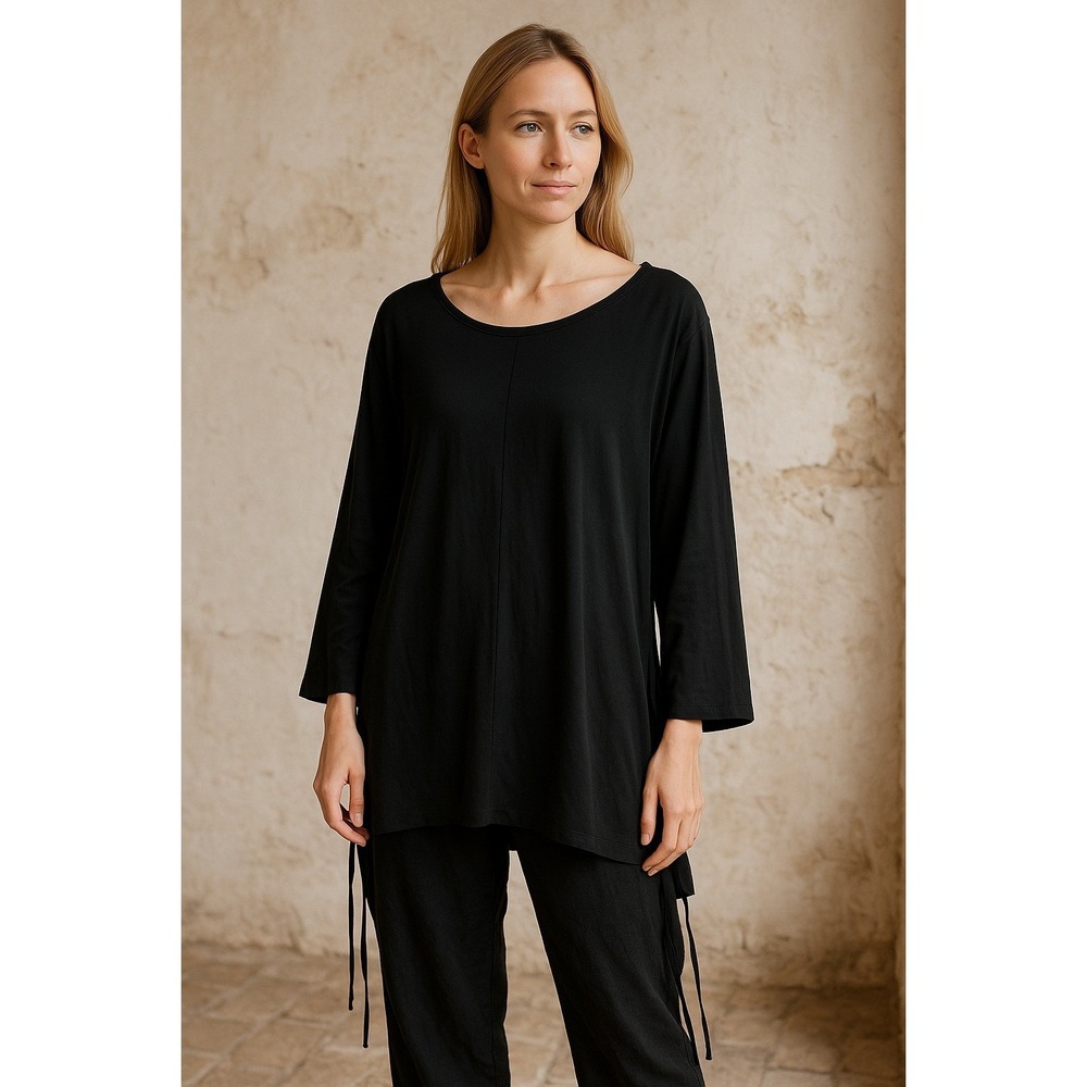 Wynne Layers Top Womens 1X Black Tunic‎ Modal Stretch Open Tie Side Slits Plus